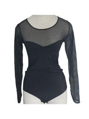 SECRET POSSESSIONS black bodysuit MESH top snap crotch mild stretch ACADEMIA  M